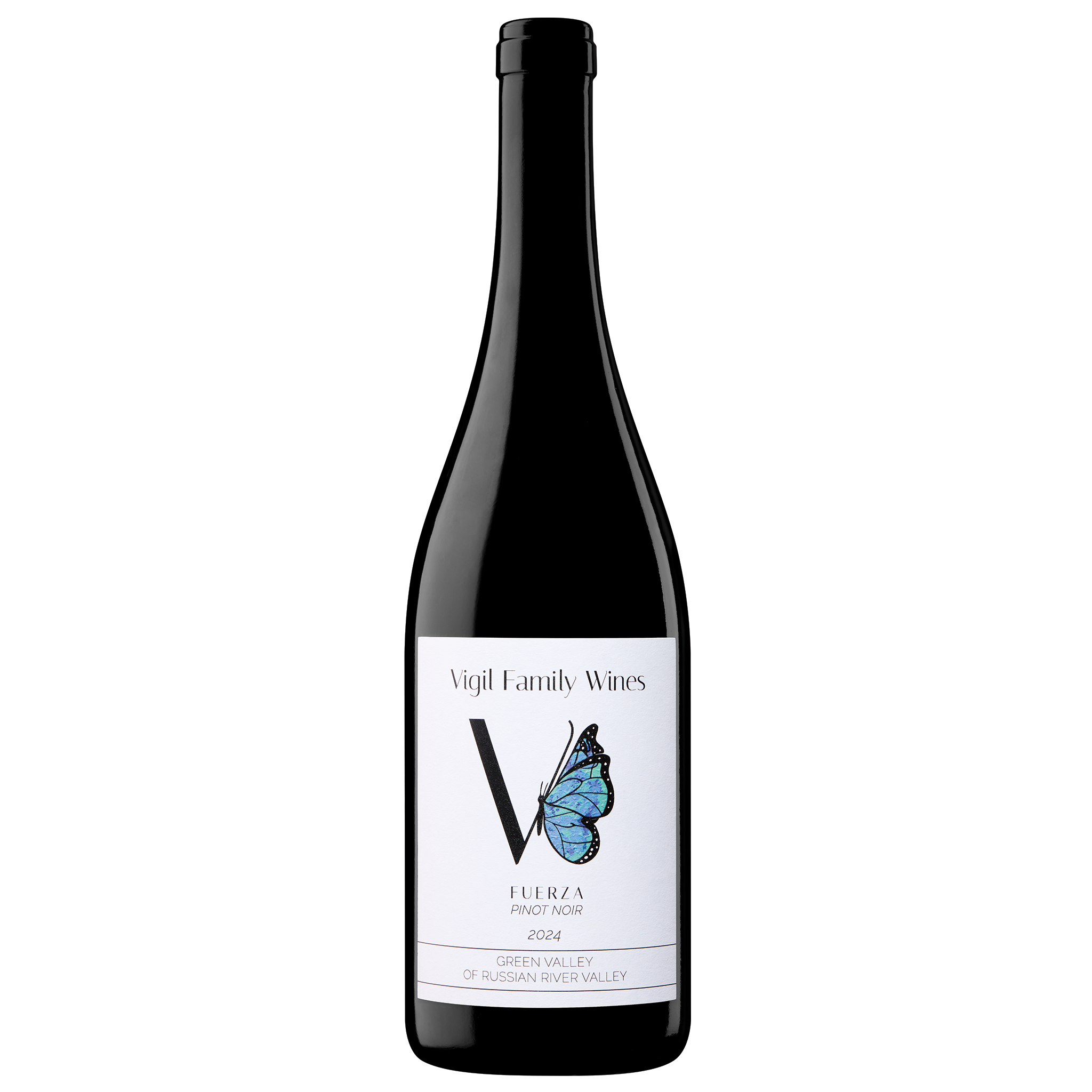 Single bottle of Vigil Family Wines Pinot Noir with blue butterfly