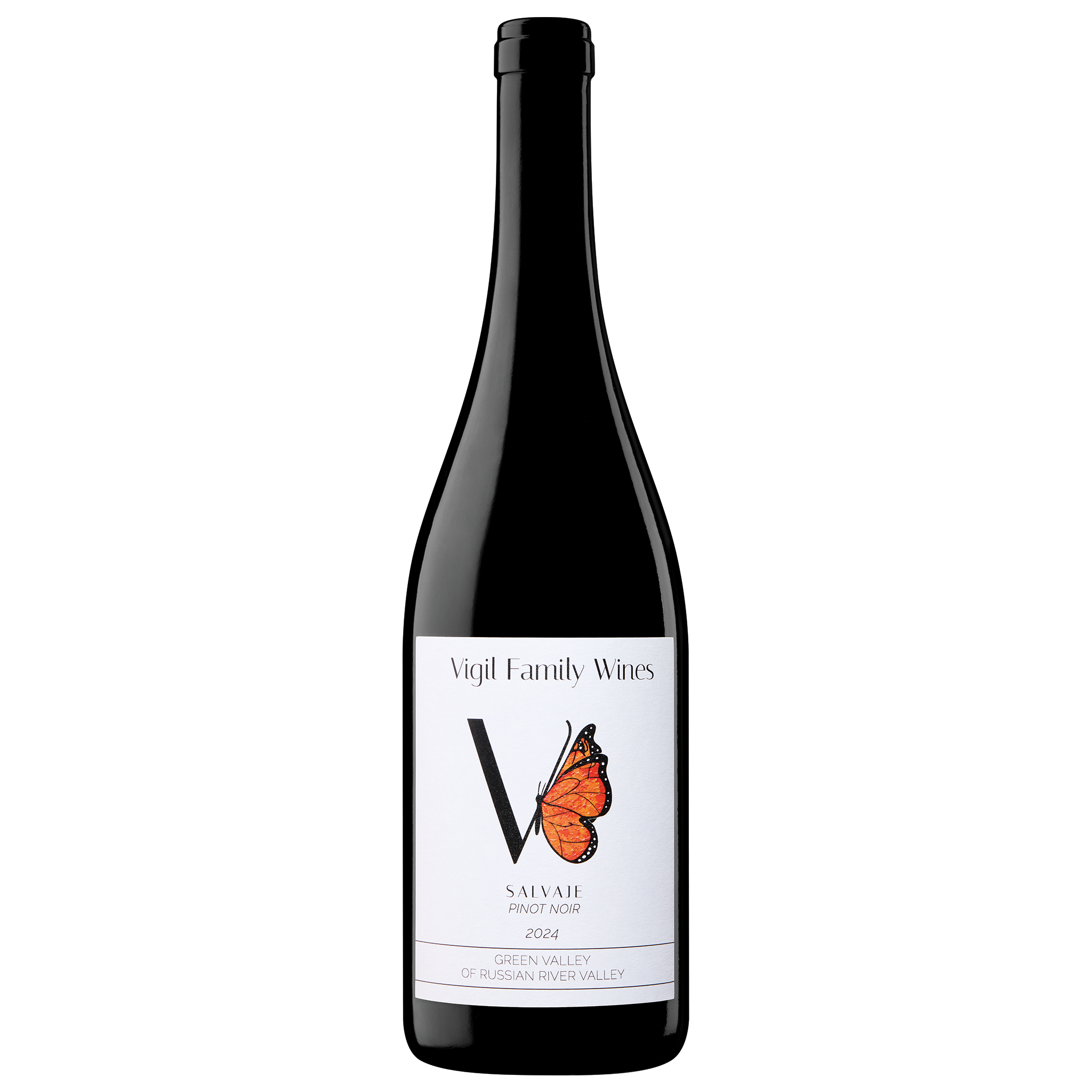 Single bottle of Vigil Family Wines Pinot Noir with orange butterfly