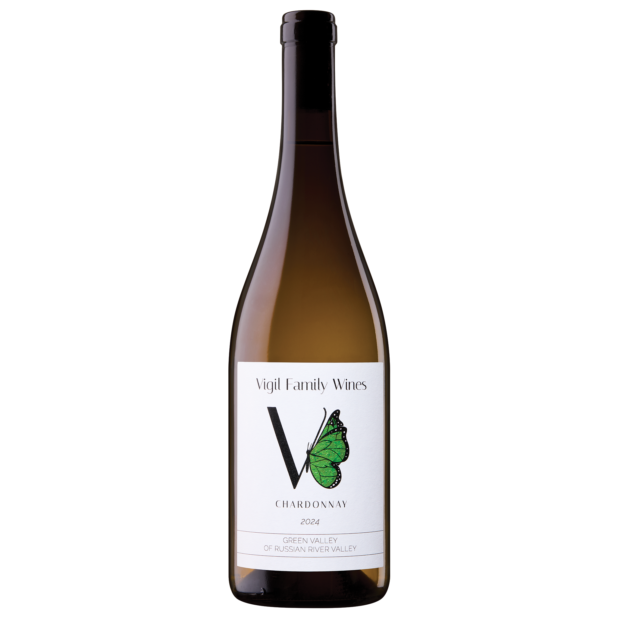 Single bottle of Vigil Family Wines Chardonnay with green butterfly