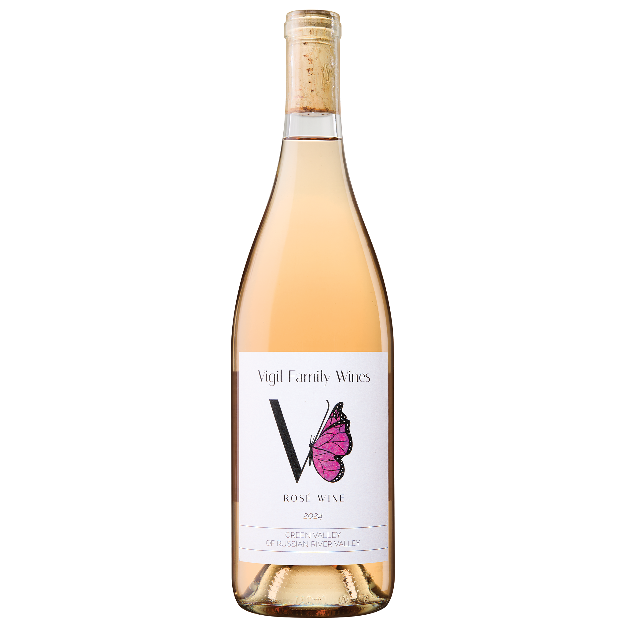 Single bottle of Vigil Family Wines Rosé with pink butterfly