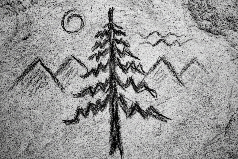 a black and white crude sketch of an oyamel fir tree that is crudely drawn like a caveman did it